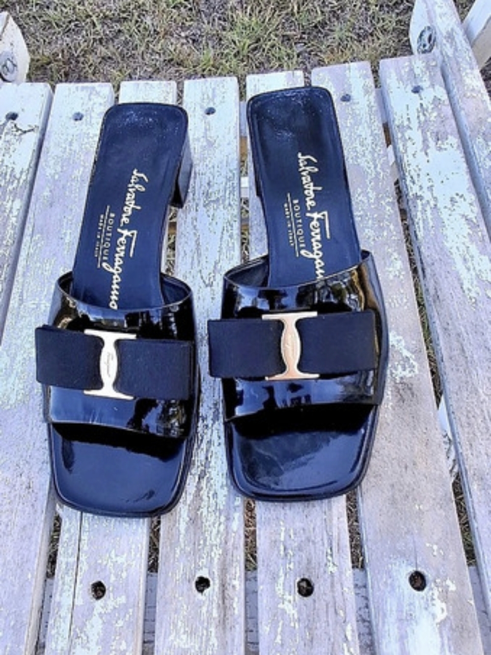 Salvatore Ferragamo Vara Bow Patent Slide Mules Black Heels